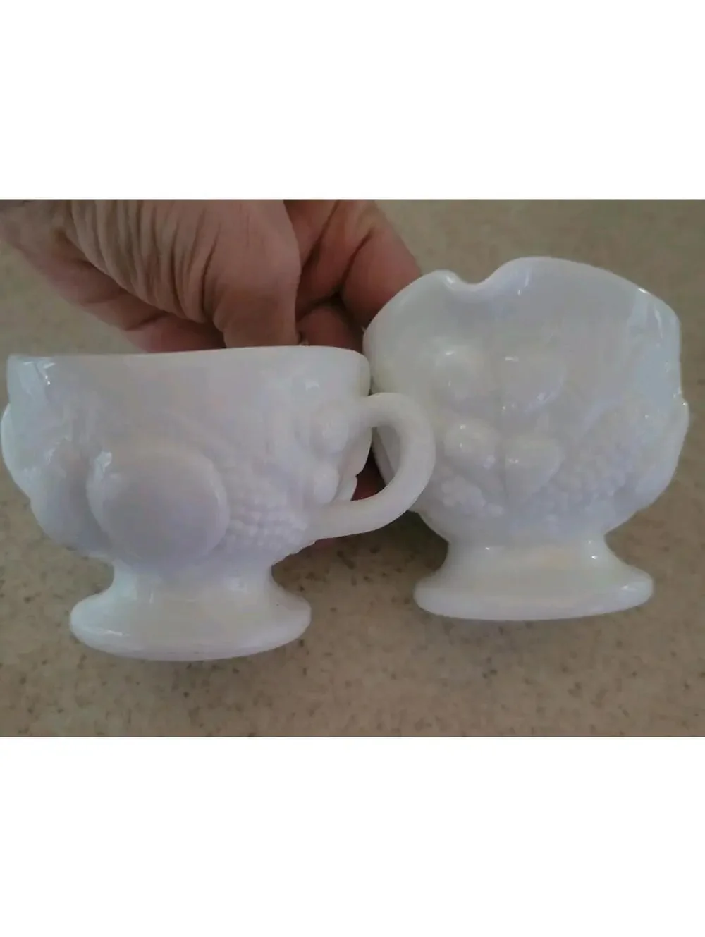 Vintage Westmoreland Della Robbia Milk Glass Creamer & Sugar set Embossed
